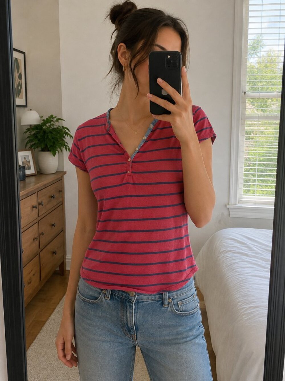 Bare Denim Red & Navy Blue Striped Henley Top Cap Sleeve Cotton Size M (2014)
